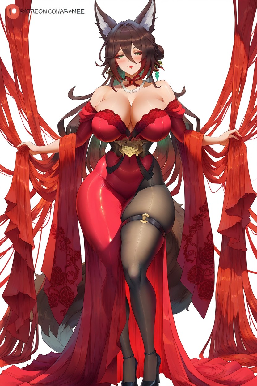 Deep Tan Skin, Culo Mediano, Long Straight Brown Hair With Red Streaks Hentai IA