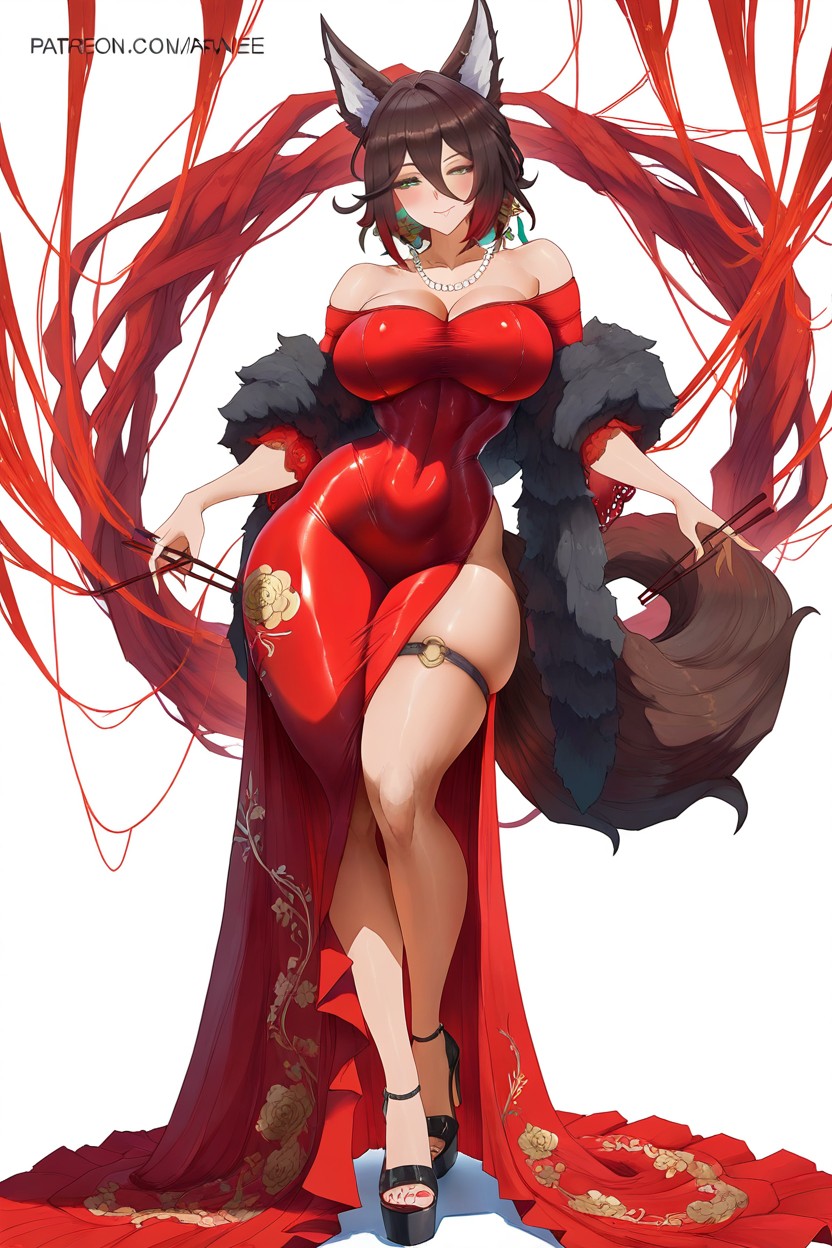 Voluptuous Body, Wide Hips, Intricate Bun With Long Strands Falling Down Hentai IA