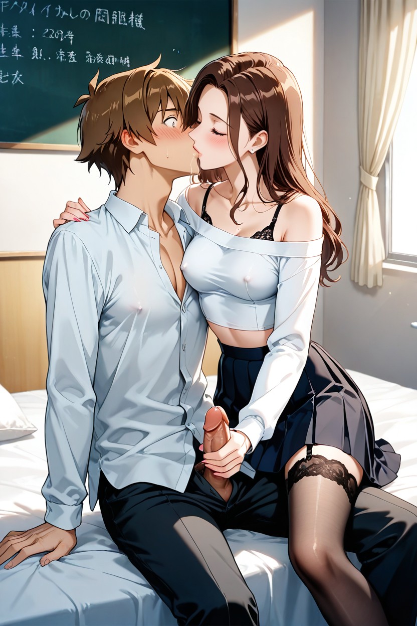 The Woman Is Sitting Next To The Man, Soft Shadows, Brown Hair Hentai IA