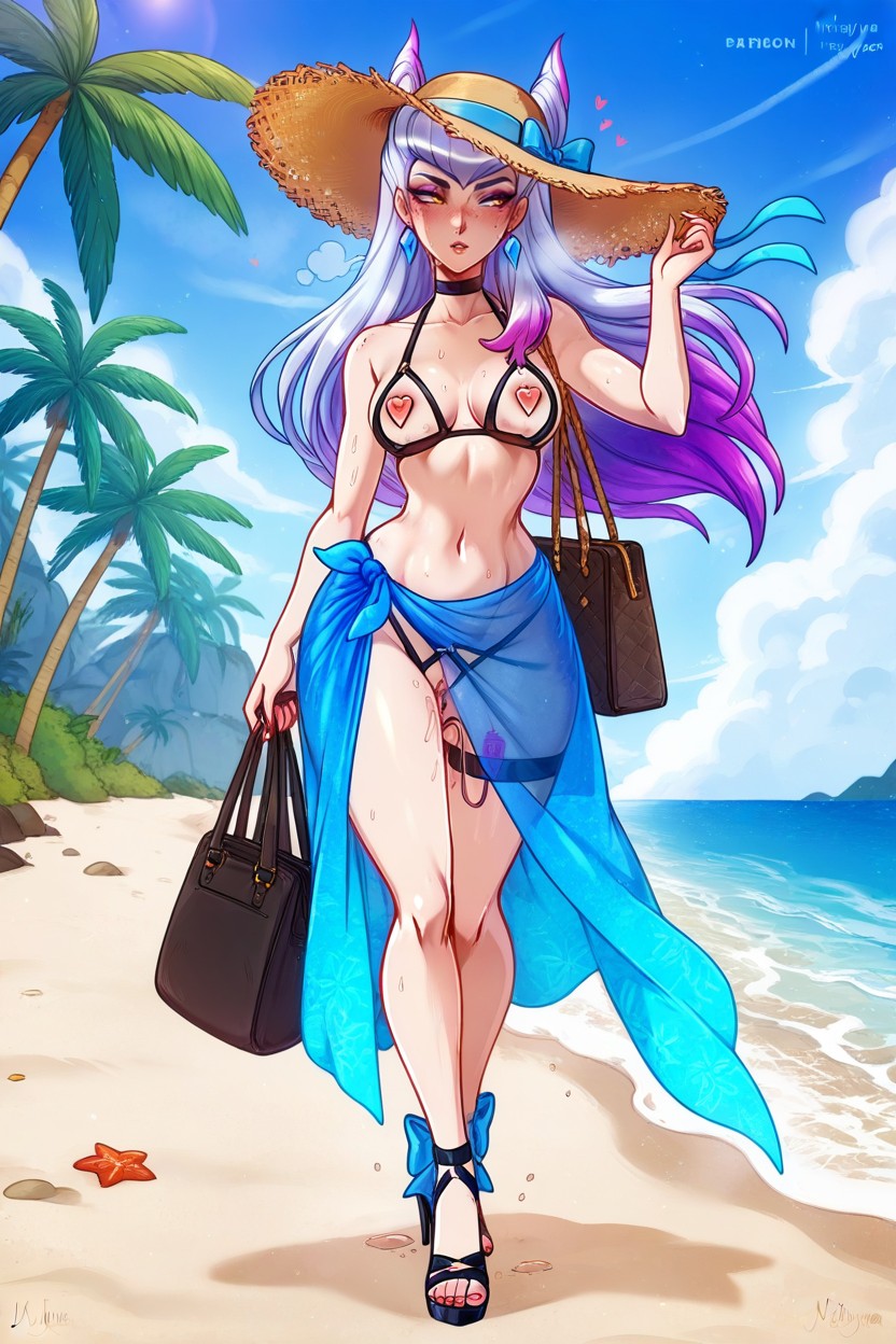 Sweaty, Uncensored, Pussy Visible Through Sarong Hentai IA