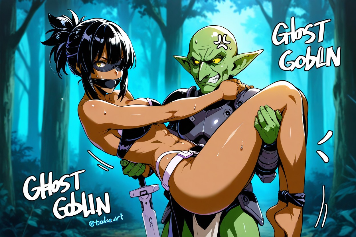 Dark Skinned Female Gray Armor, Dark Skinned Female Carry By Goblin, Enojada Hentai IA