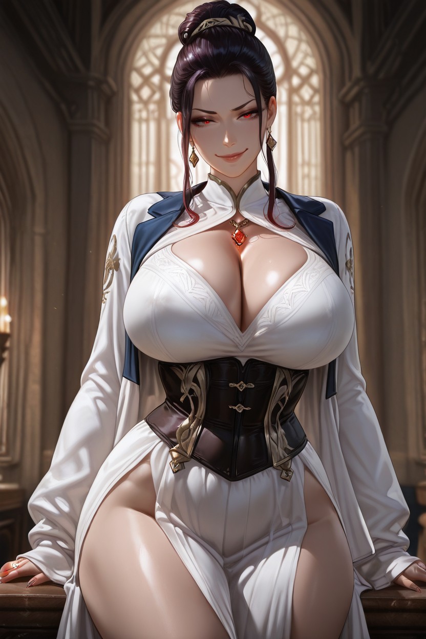 Fitted Bodice, Dark Hair Pulled Back Elegantly, Title-safe Empty Space At Top Third For Text Hentai AI Porn