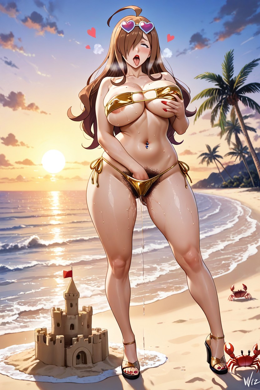 Red Lipstick, Golden Bikini, Pubic Hair Peek Hentai IA