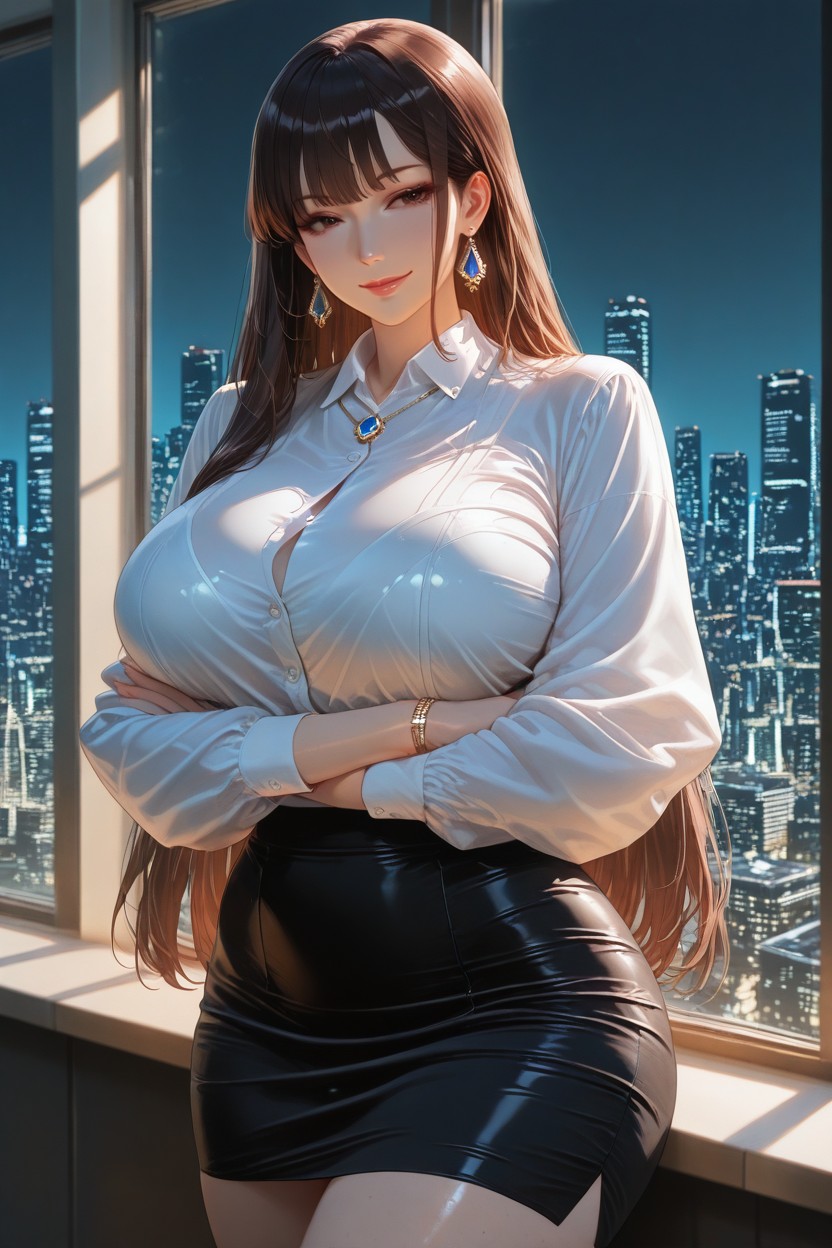 Brazos Cruzados, Calm And Slightly Intimidating Expression, Warm Dark Brown Eyes Hentai IA