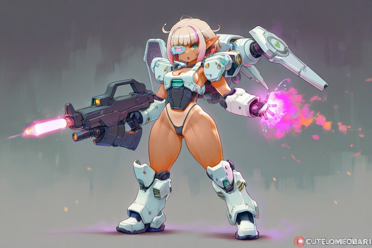 Full Body Tan, Uncensored, Holding Energy Weapon Hentai AI Porn