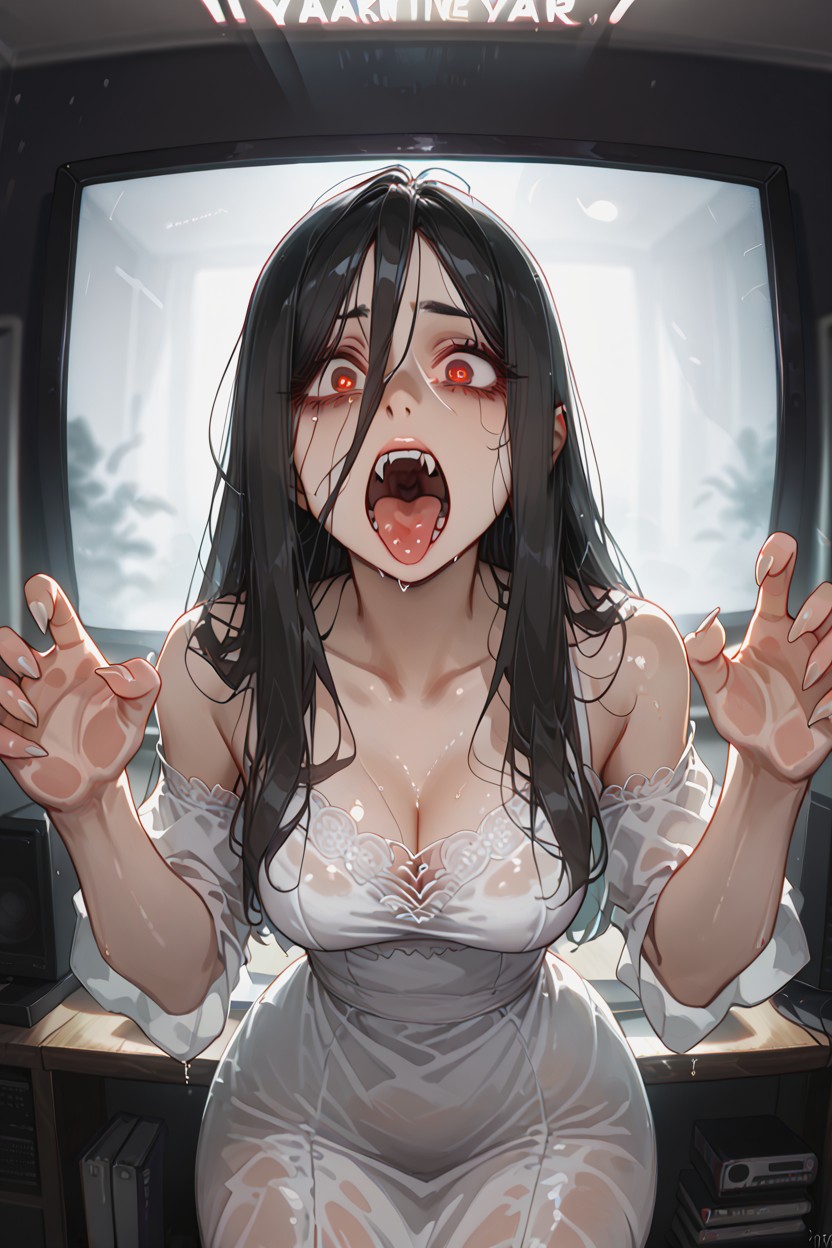 Stuck Inside Television Screen, Behind Television Glass, Glitch Effect Hentai IA