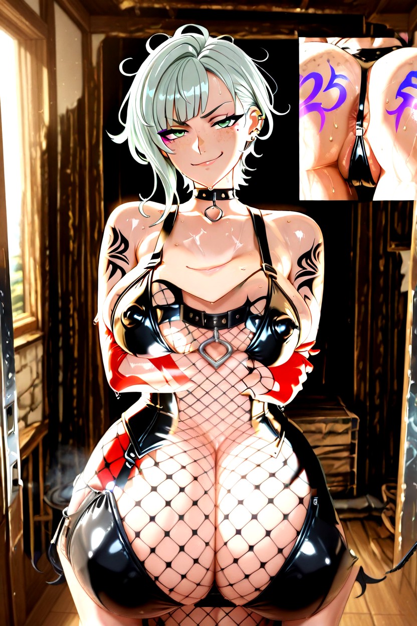 Leather Bikini Top, Messy Curls And Long Mullet Hairstyle Striking Winged Eyeliner, Layered Mesh And Fishnet Top Hentai IA