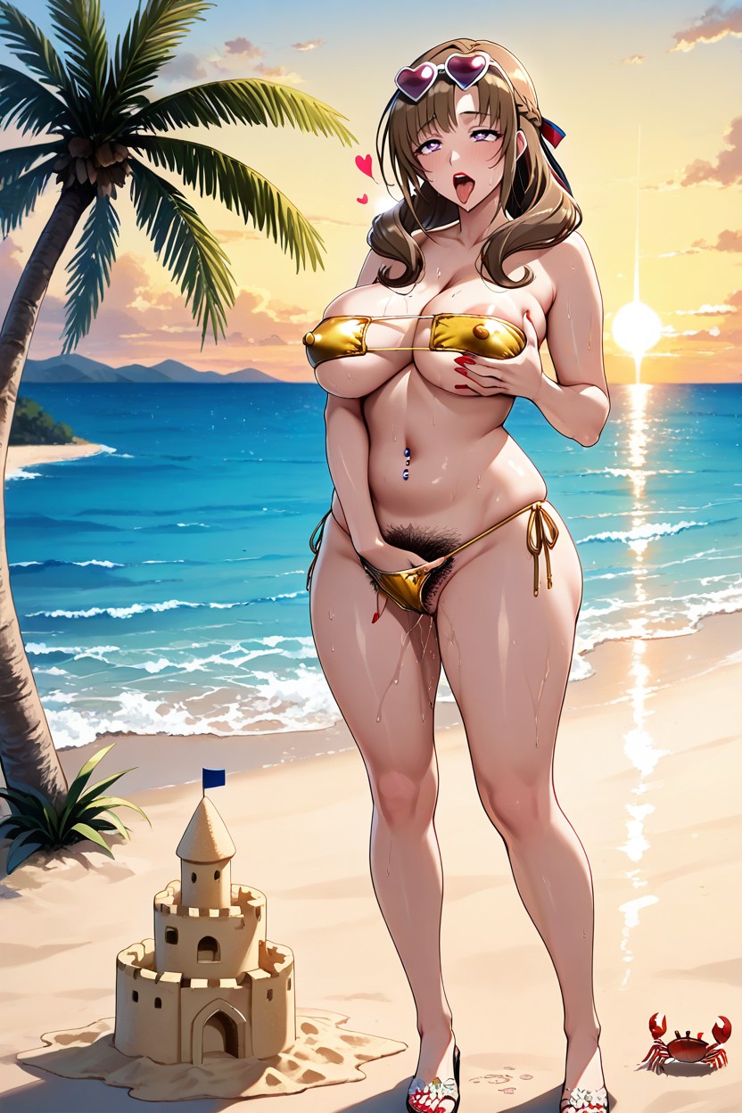 Sweaty, Navel Piercing, String Bikini Hentai IA