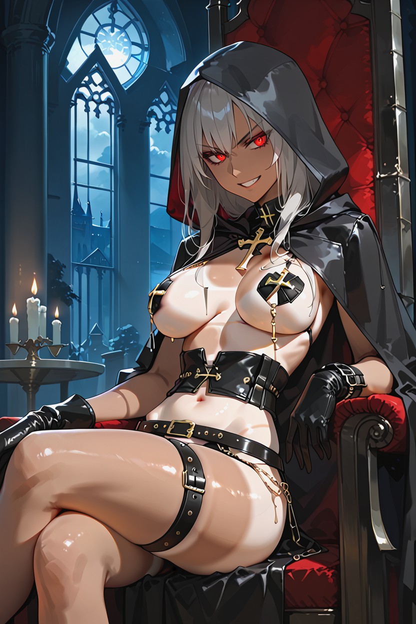 Inside A Dark And Omnious Looking Castle, Face Mostly Hiden Beneath The Hooded Cape, Menacing Expression Hentai AI Porn