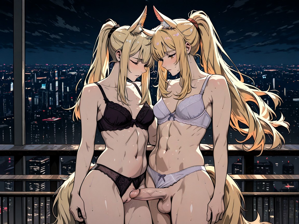Not Having Sex As They Are Just Standing Together, Droopy Sagging Breasts, Long Blond Hair In A Ponytail Hentai IA