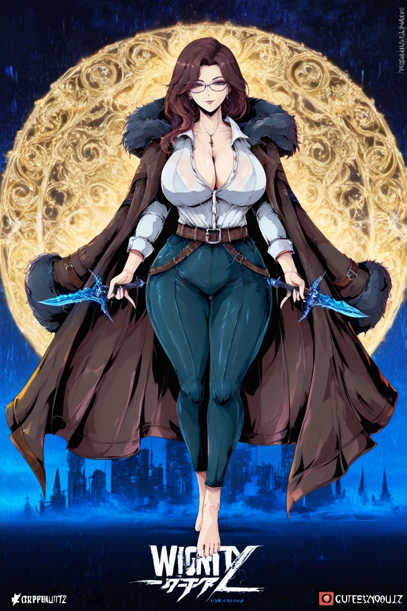 Glasses, Heavy Breasts, Leather Straps And Buckles Across Chest Hentai AI Porn