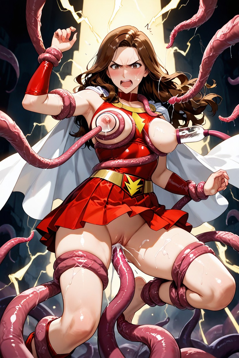 Red Textured Fitted Suit, Tentacles Wrap Around Body, Upper Thighs Visible Hentai IA