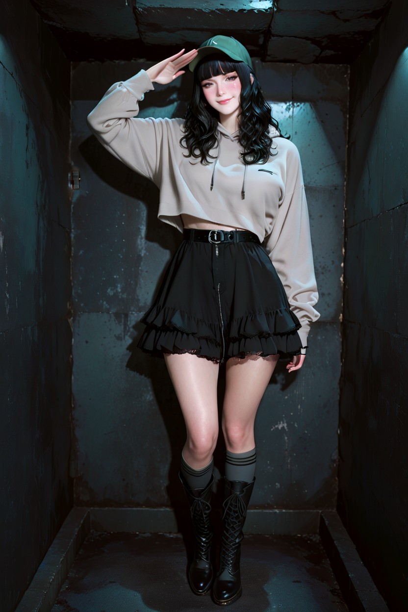 Moody Lighting, Chunky Black Leather Lace-up Tall Boots Photorealistic, Flawless Smooth Skin Texture Hentai IA
