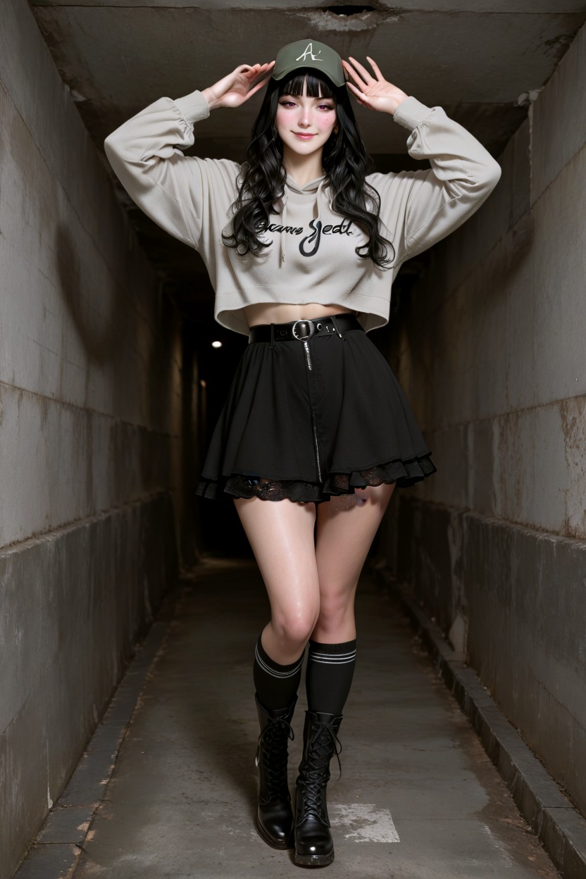 Highly Detailed, No Colored Lights Wearing A Dark Dull Army Green Plain Baseball Cap Without Logos, Streetwear Fashion Photography Hentai IA