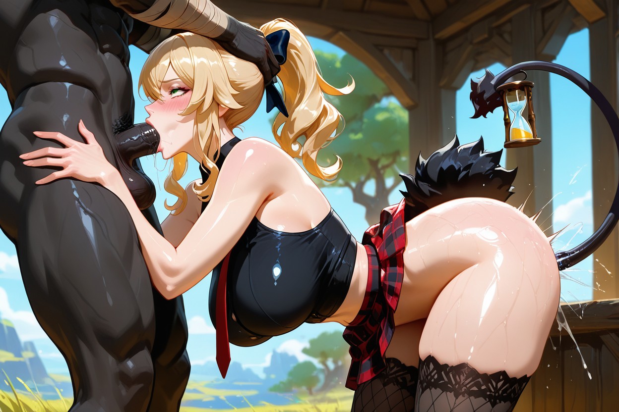 Snatched Waist, No Panties, Black Plaid Skirt Hentai IA