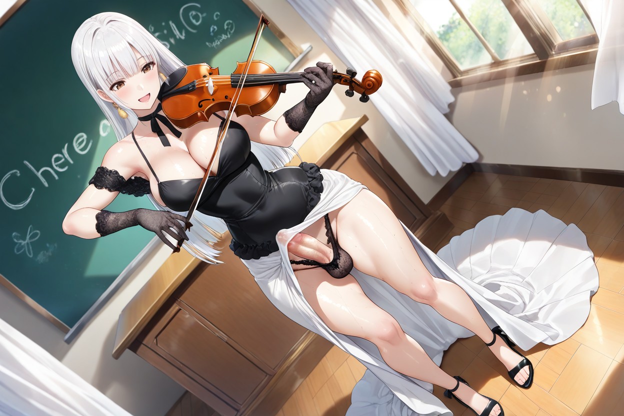 Detailed, Detailed Face, Wearing A Black Silk Formal Dress With A Black Silk Formal Long Skirt Hentai AI Porn