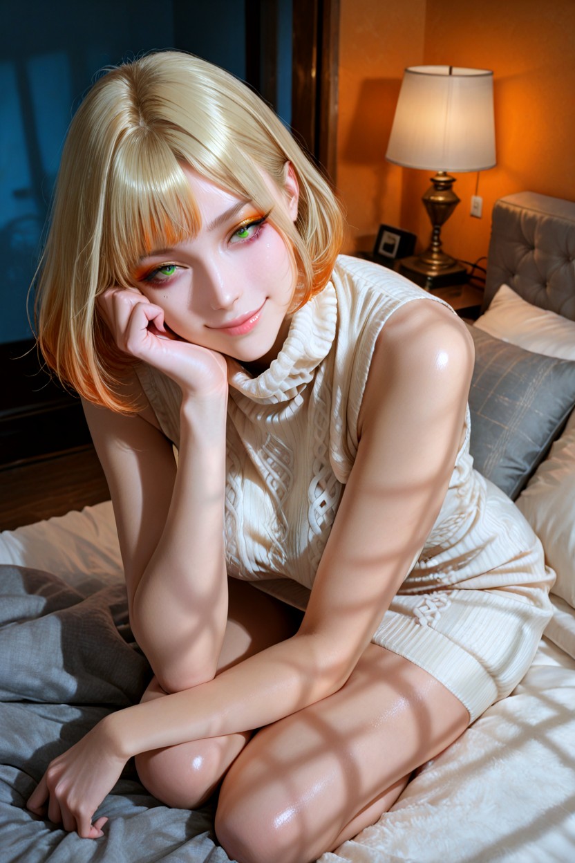 Intimate And Warm Atmosphere, K Resolution, Resting Against A Grey Padded Headboard And Pillow Hentai AI Porn