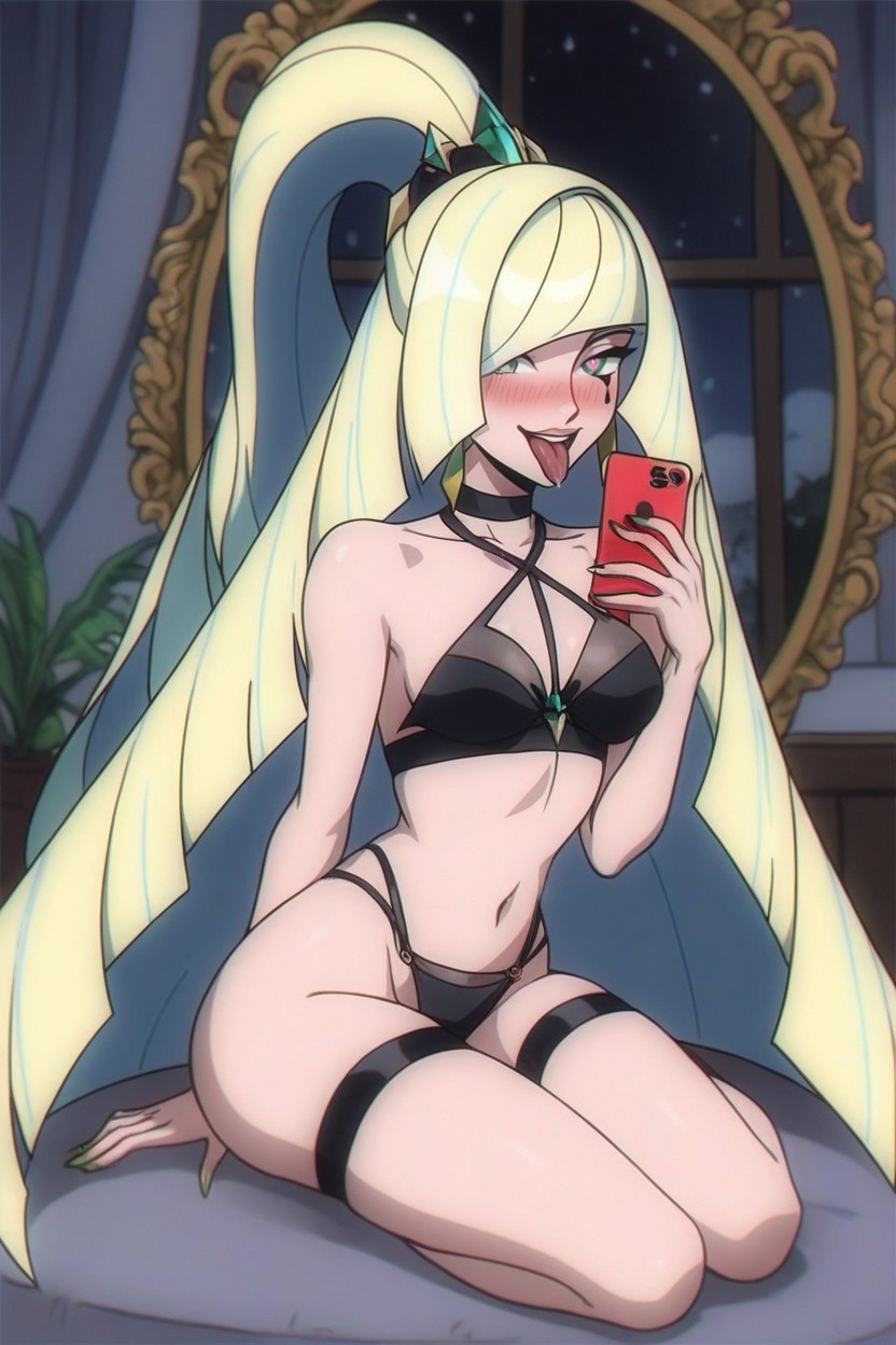 Shock Lines, Slutty Flirtatious Pose, Hair Up In A Tight High Ponytail With Tight Braided Bangs Hentai IA