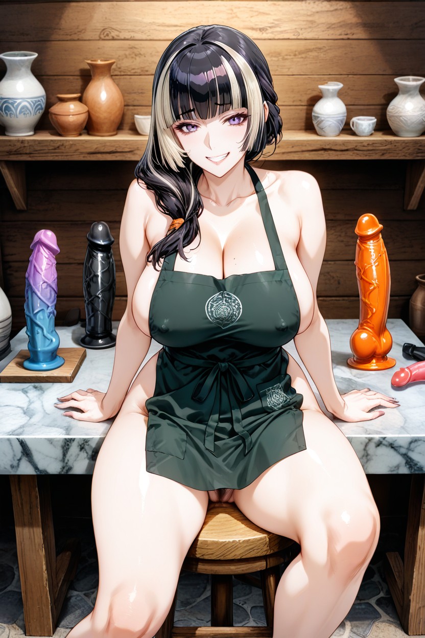 Hairy Pussy, Sitting On Stool, Side Boobs Hentai AI Porn
