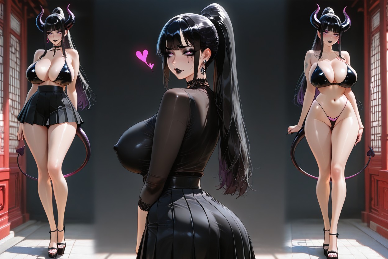 Seductive Expression, Goth Asian, Huge Pink Glowing Succubus Horns Hentai AI Porn