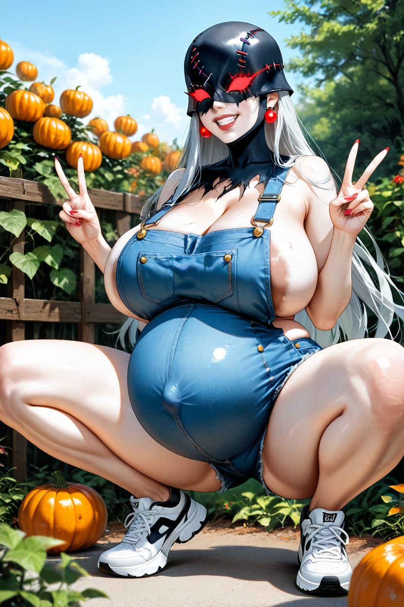 Hyper Pregnant Belly, Gigantic Fake Bimbo Boobs, Squatting Hentai AI Porn