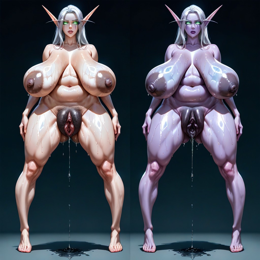 Two Pictures Featuring The Same Female Elf, Extremely Swollen Vaginal Labia, Huge Labia Hentai AI Porn