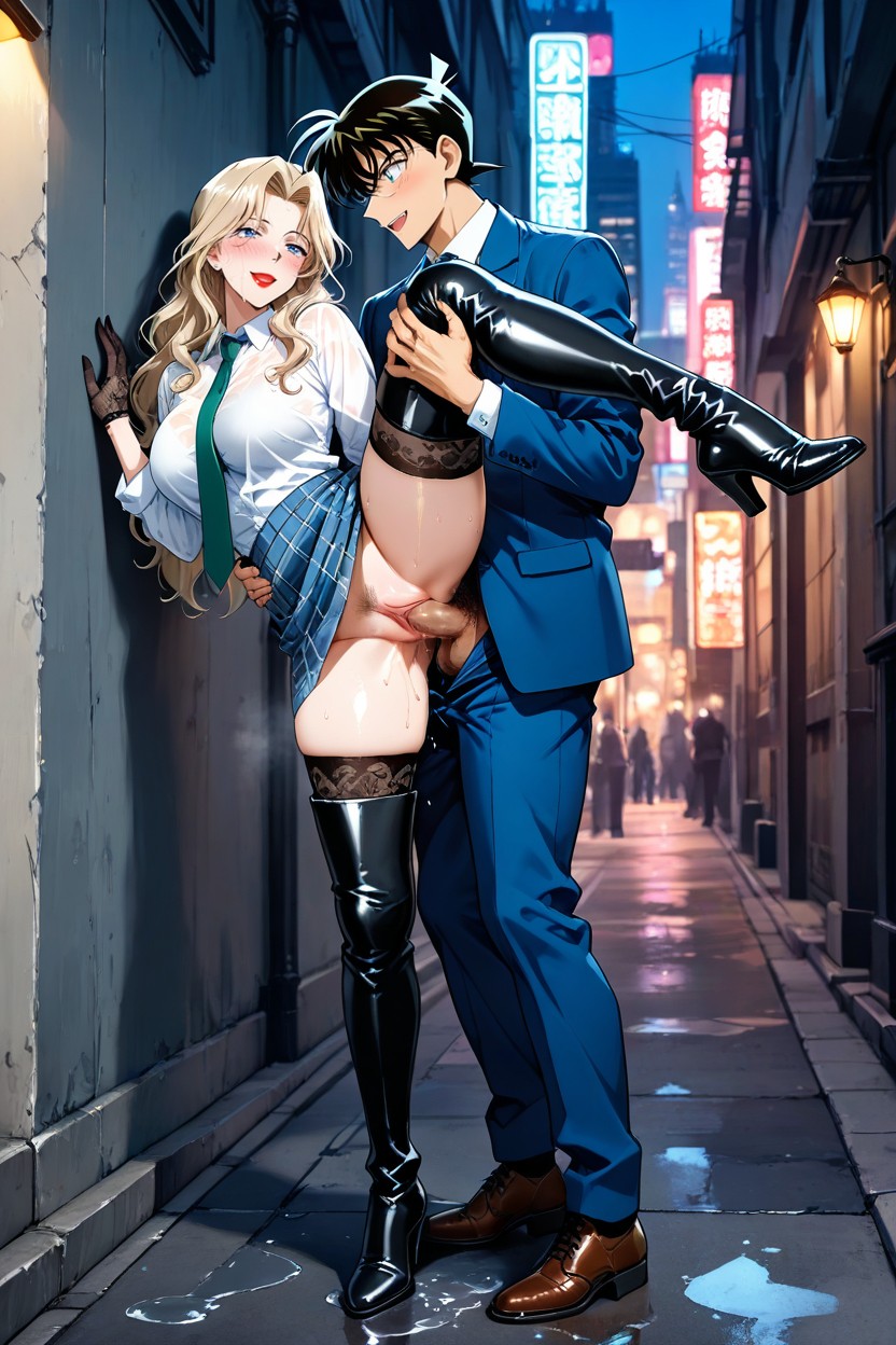 Full Body, Blue Plaid Skirt Pulled Up, Black High-thigh Boots Hentai AI Porn