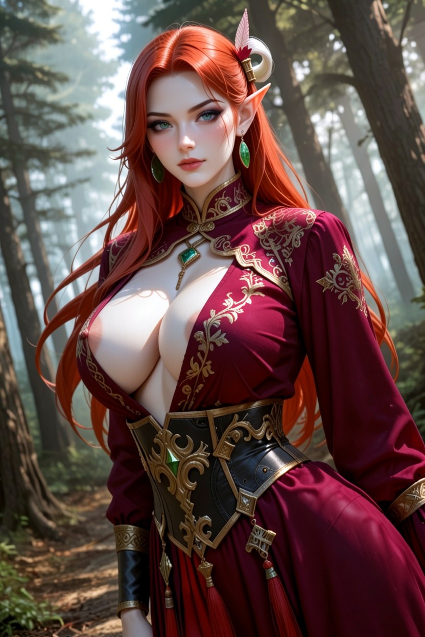 Blurred Background, Green Eyes, Elf Hentai AI Porn