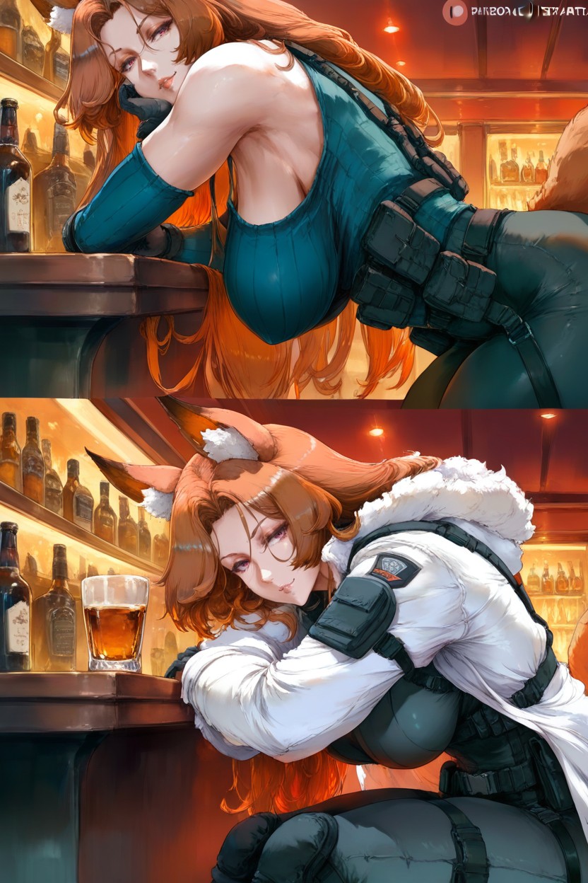 Hanging Breasts, Puffy Blouse, Bar Setings Hentai AI Porn