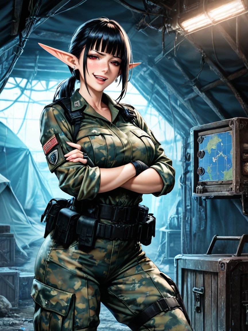 Detailed Face, Black Tactical Gear Belt With Pouches And Equipment, Inside A Dark Military Tent Hentai AI Porn