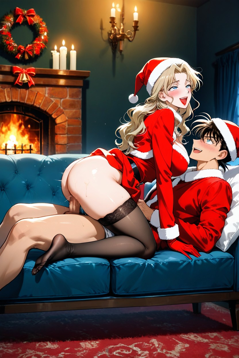 Side View, Christmas-themed Room Setting, Vaginal Intercourse Hentai AI Porn