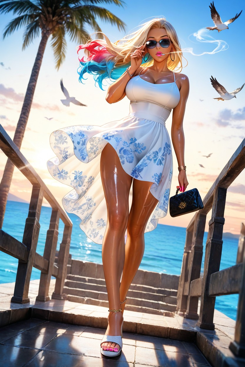 Wearing Sunglasses, Large Breast, White Open Toe Heels Hentai AI Porn