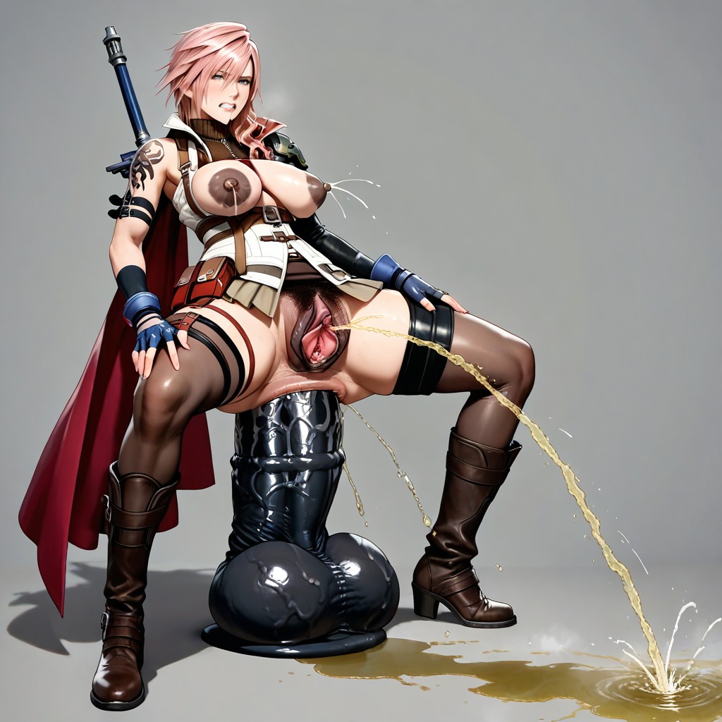 Dildo In Vagina, Brown Leather Straps And Buckles On Torso, Thigh-high Boots With Metallic Accents Hentai AI Porn