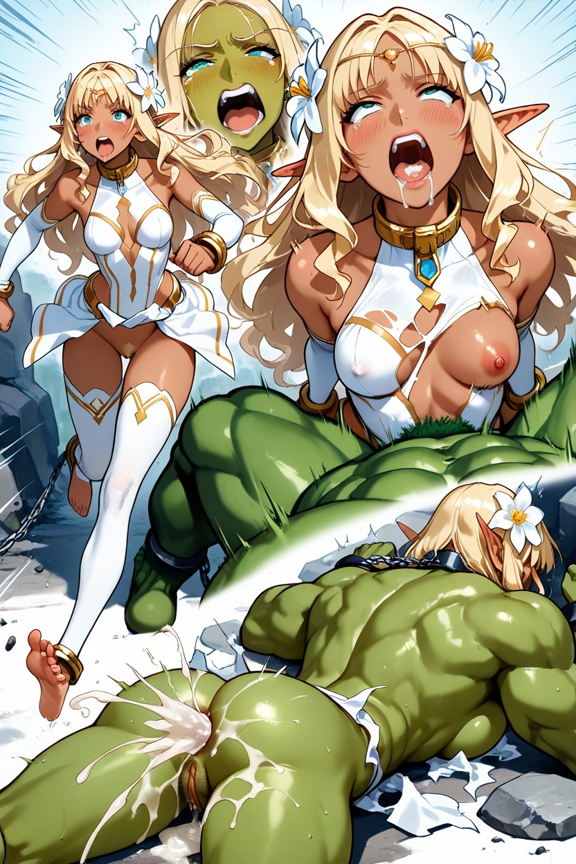 Turquoise Eyes, Canonical White Fantasy Outfit, Small Breasts Hentai AI Porn