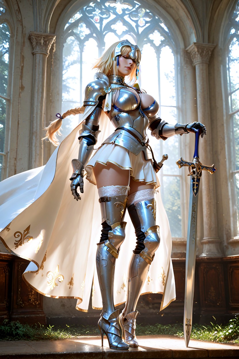 French, Balanced Silhouette, Medieval Armor Long White-gold Skirt Hentai AI Porn