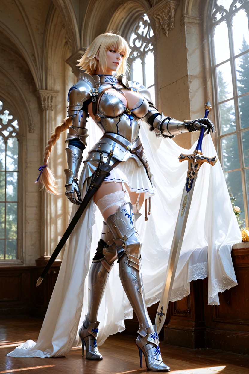 Royal Holy Knight, Jeanne D’arc From Fate/order, Wearing Blue-gold Armor With Gold Rose Motifs And Lace Hentai AI Porn