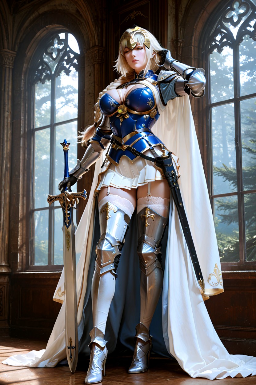Blue-white Royal Cape Flowing, Ornate Chest Harness And Waist Armor, Hip Belt With Sword Sheath Hentai AI Porn