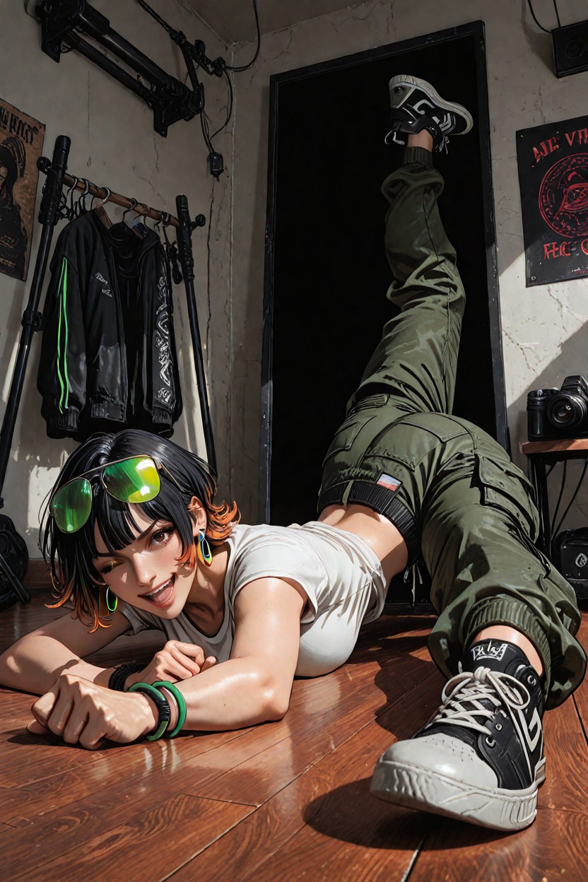 Anime-style Dynamic Character Illustration Of Rui, And Full Of Momentum Clothing And Hair Should React Naturally To The Movement Camera Low-angle Camera Positioned Close To Floor Level Dynamic Wide-angle Perspective The Dancer Dominates The Frame Slight Perspective Distortion To Emphasize The Raised Leg And Energetic Movement Three-quarter Front View The Camera Is Close Enough To Clearly See Her Facial Expression, And A Lively Cheerful Expression Her Personality Is Energetic Hentai AI Porn