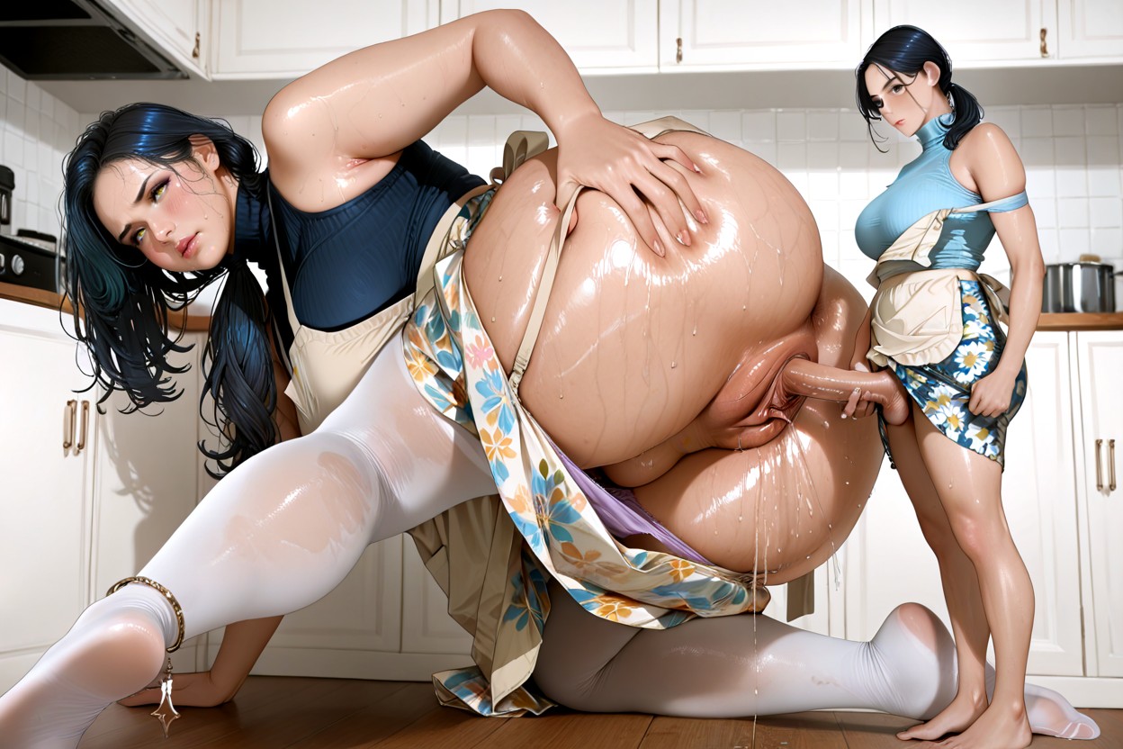 Wide Hips, Female Wearing Light Cyan Sleeveless Turtleneck And Long Floral Skirt, - Hentai IA