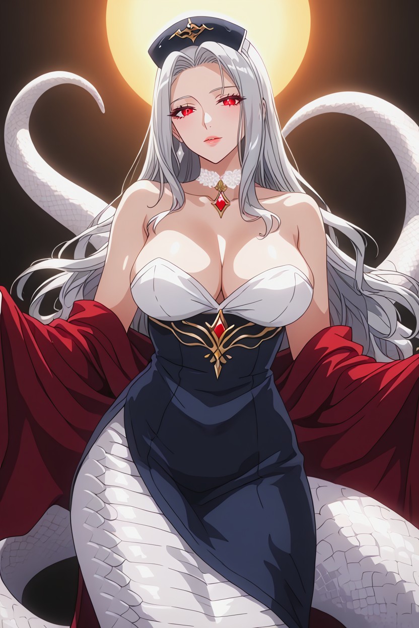 Some Strands Framing Her Face, Silver Hair, Large Glowing Bright Red Eyes With Vertical Slit Pupils Hentai AI Porn