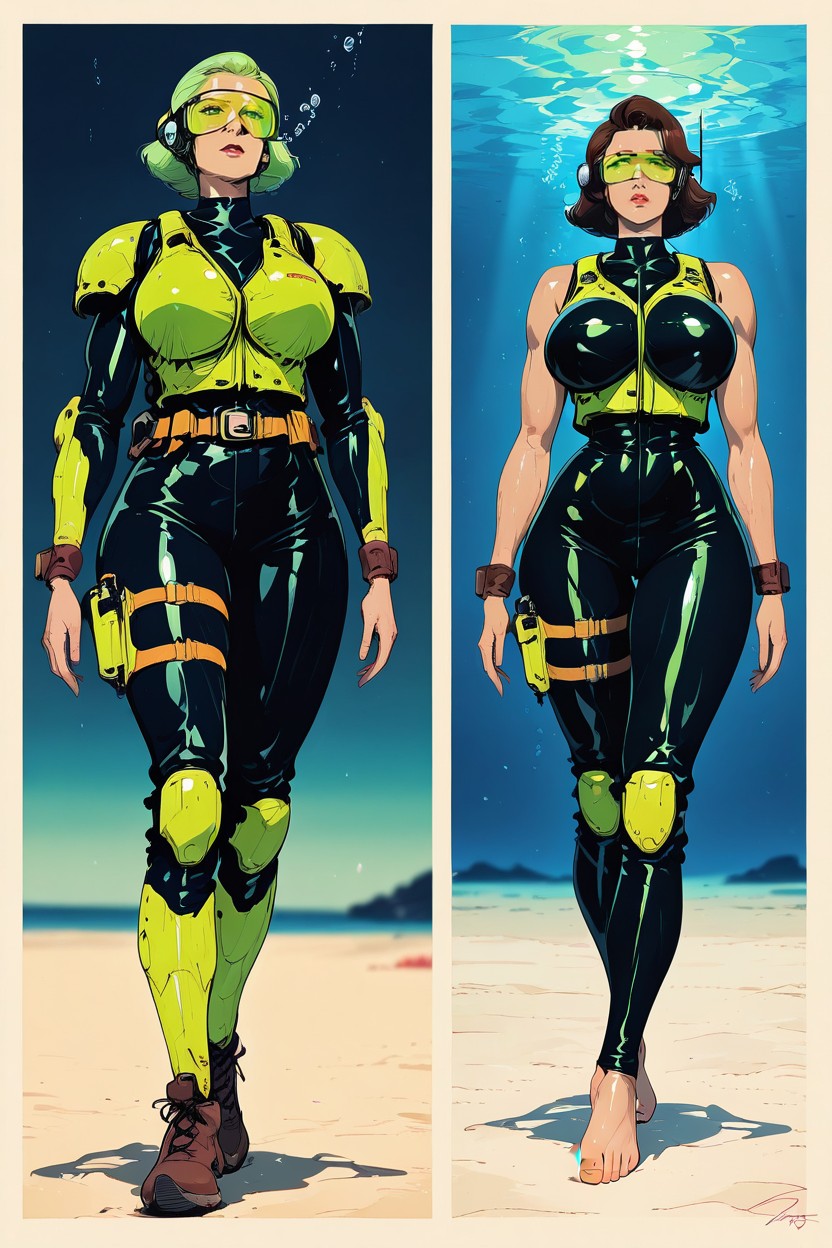Dark Brown Boots And Dark Brown Lower-body/hip Details A Compact Weapon Holster Is Attached To One Thigh The Costume Is Sleek, Bold Clean Outlines, Mechanical Side Pieces Around The Ears Hentai AI Porn