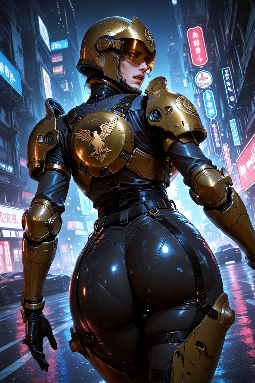 Heavy And Intimidating, And A Distinctive Gold Forehead Emblem A Man Grab Her Neck Background Is A Cyberpunk Inspired Street With Neon Panel, Broad Tinted Visor Hentai AI Porn