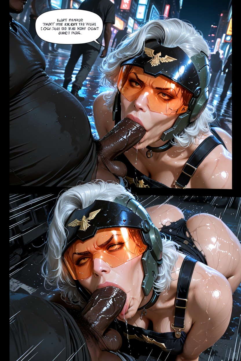 Ass Bigger Than Torso, White Hair, Clear Orange Visor Covers The Entire Eye Area Hentai AI Porn