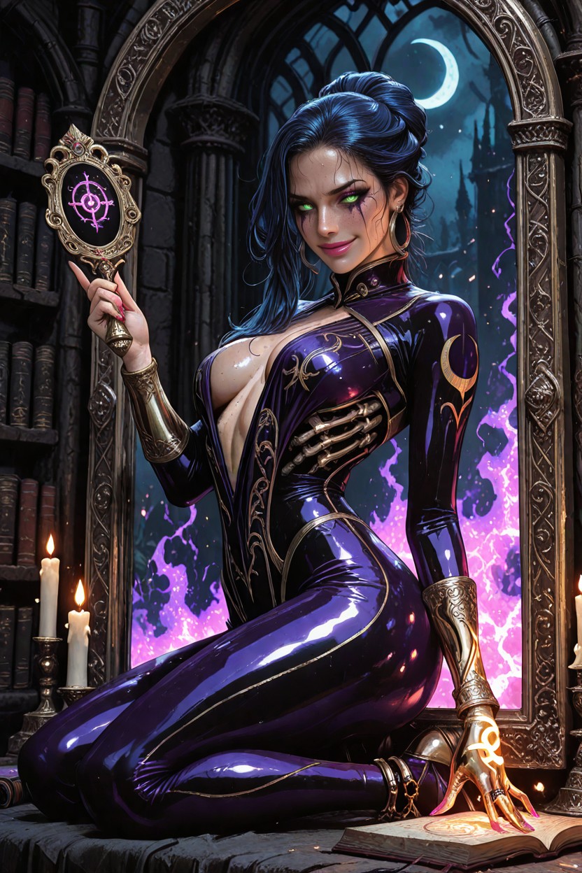 Deep Plunging Neckline Revealing Large Cleavage, Ribs, Pink Nails Hentai AI Porn
