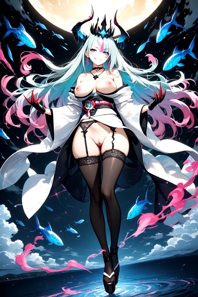A Row Of Tracking Dots Beneath Each Eye, Colored Smoke And Clouds Swirling Around Her, Breasts Out Hentai AI Porn