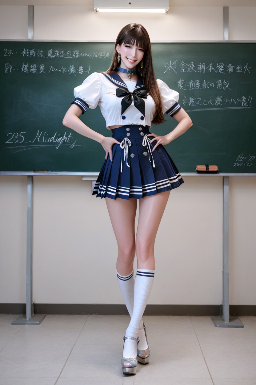 She Wears White Calf-high Socks The Socks Are White With No Stripes On Her Feet, Classroom, Like Face Hentai AI Porn