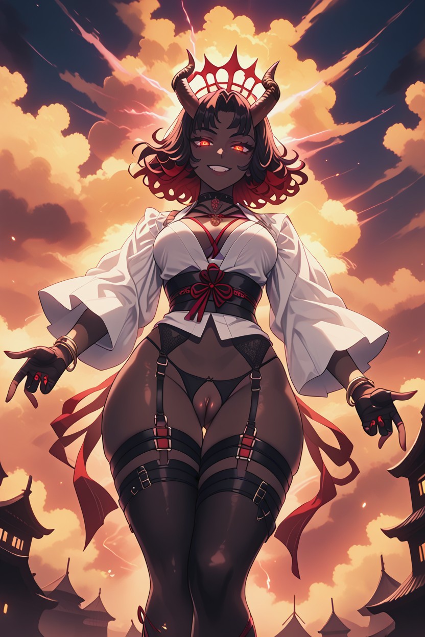 Breasts Out, Smirking Sexy, Black Stockings That Attach To Black Garter Belt Hentai AI Porn