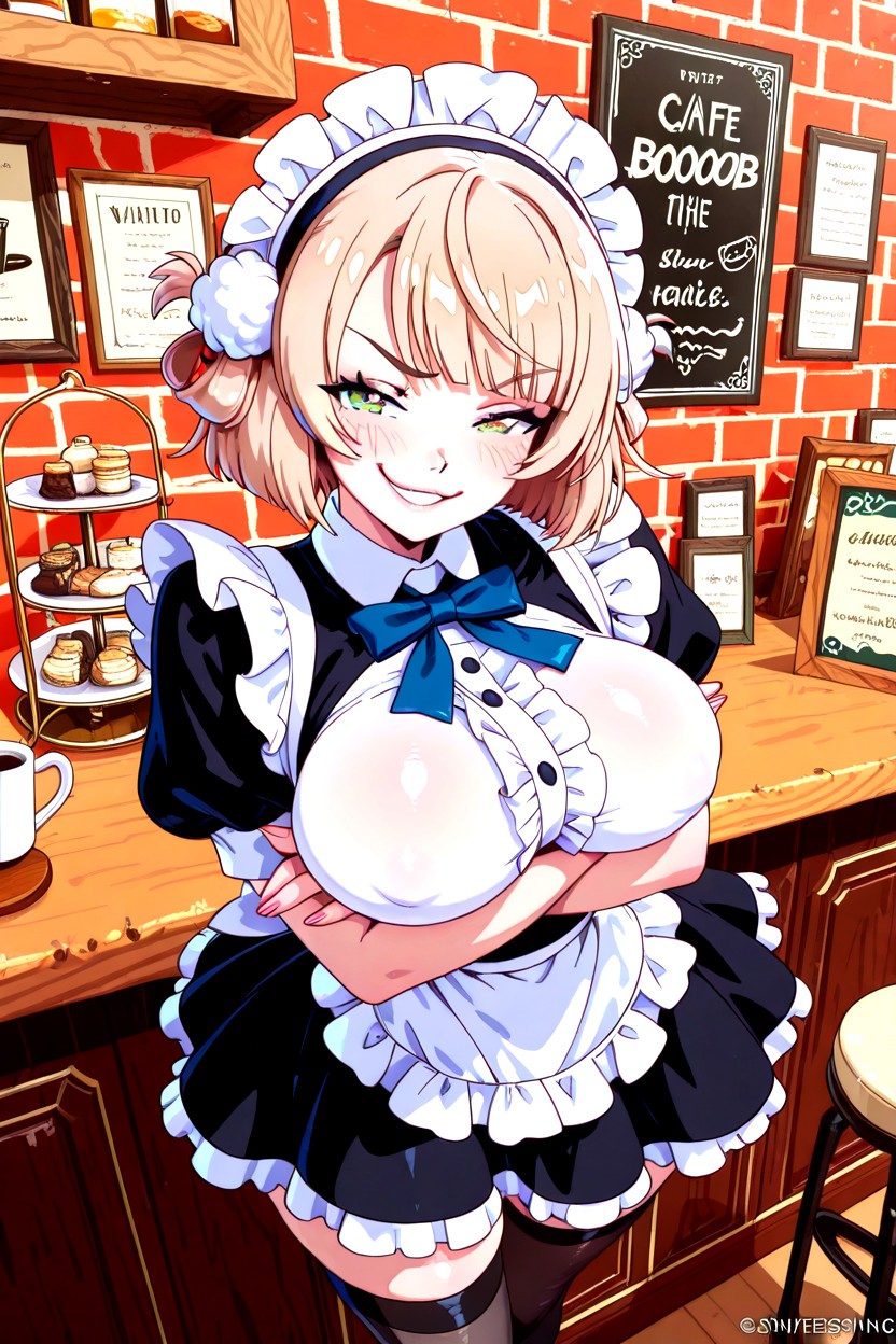 Cafe, Wearing Maid Cap, Star Shaped Pupils Hentai AI Porn