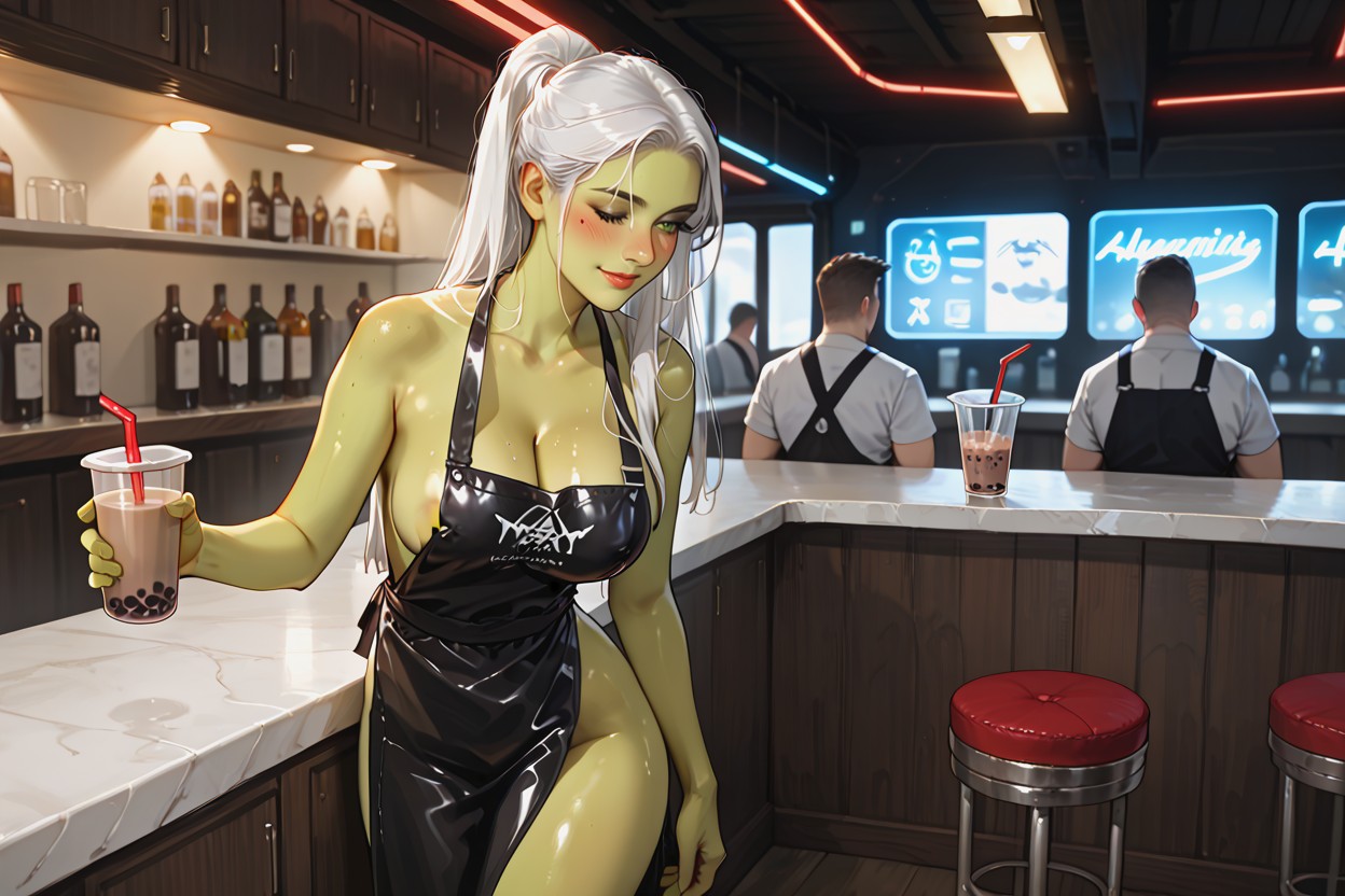 Softly Bioluminescent A Shark-shaped Topper Sits On The Lid, Glowing Liquid Cyberpunk Meets Retro Diner Cinematic Shallow Depth Of Field, Glossy Cup Surface Hentai AI Porn