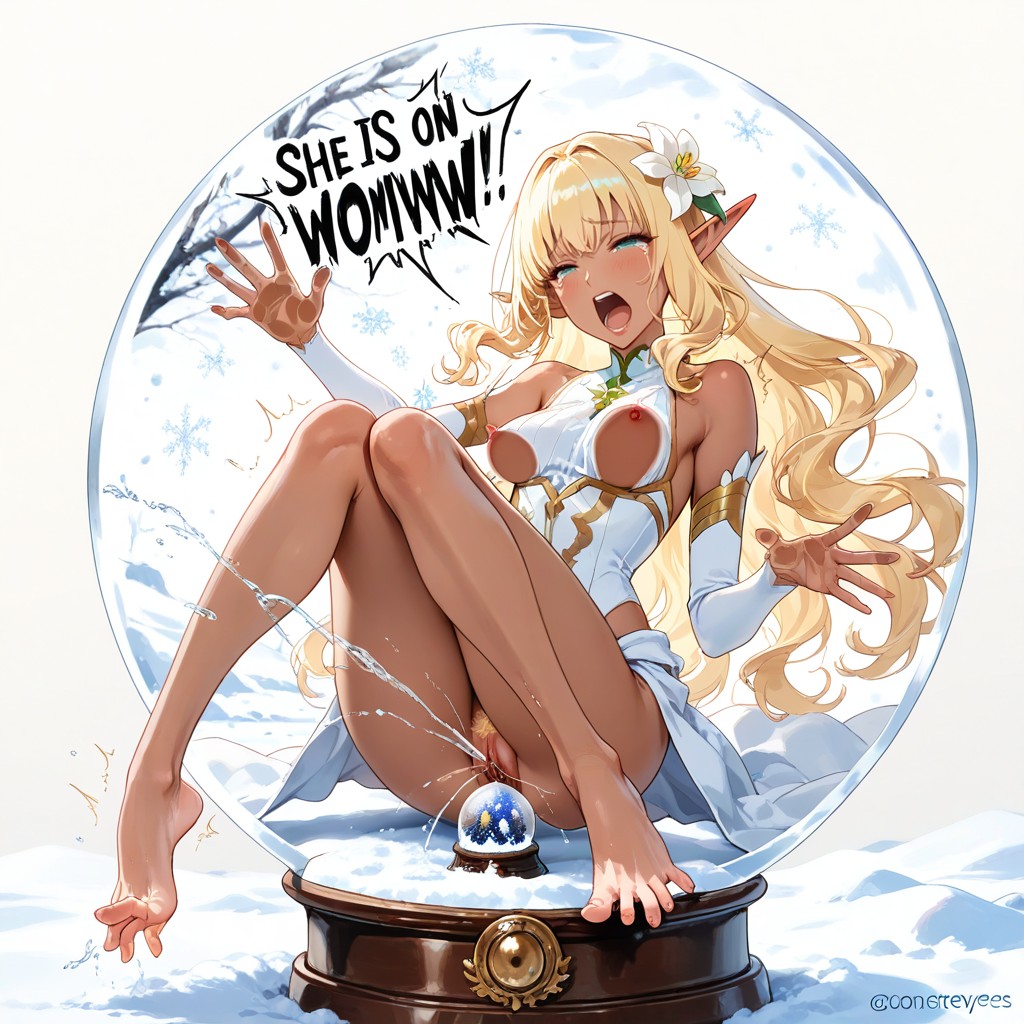 Hair Flower, Woman Half Close Eyes And Wide Open Mouth Shouting In Orgasm, Countless Gold Jewlery Hentai AI Porn